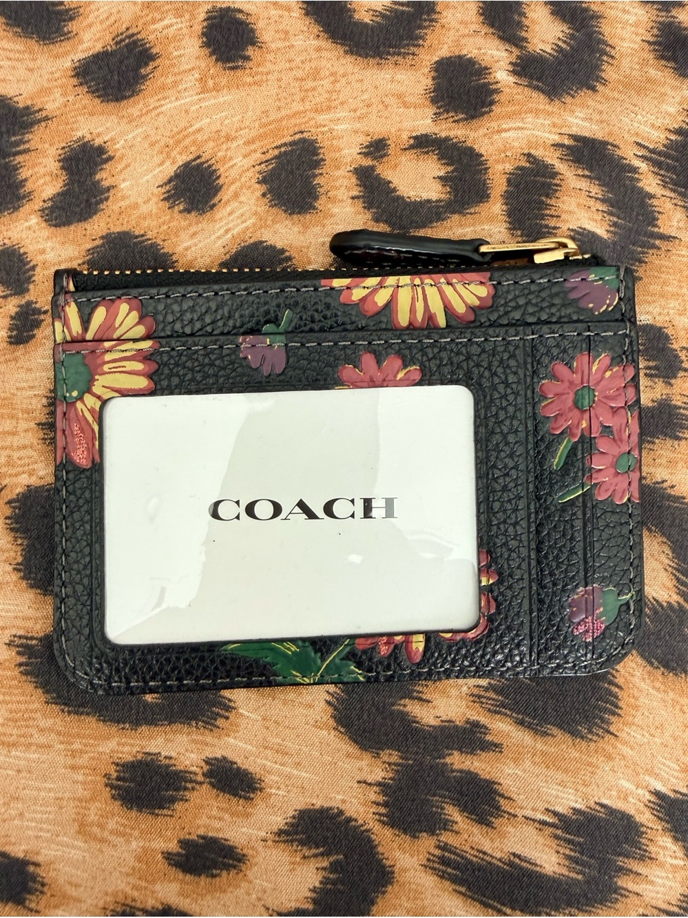 Coach Black Floral Leather Zip Card Case with Pink and Yellow Flowers - Picture 2 of 4